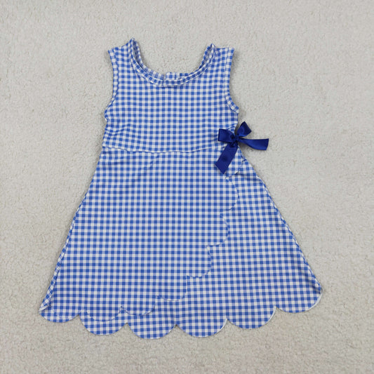 RTS NO MOQ GSD3427 Baby Girls Blue Checked Scallop Shorts Knee Length Dresses Active Yoga Casual Outfit for Toddlers