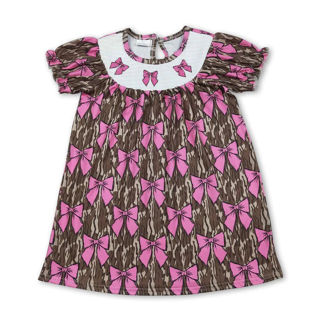 RTS NO MOQ Sibling milk silk Smocked Bows Flower Checked Knee Length Dress