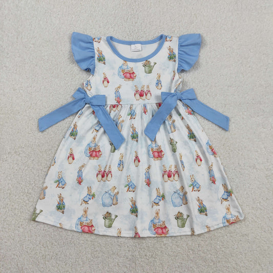 RTS NO MOQ GSD3452 Baby Girls Easter Knee-Length Dress with Flutter Sleeves And Bows Cute Rabbit Design for Little Girls