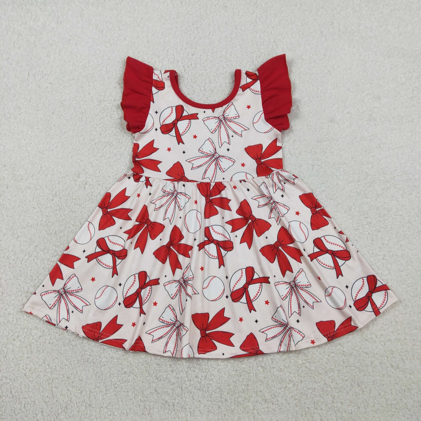 RTS NO MOQ GSD3456 Baby Girls Knee-Length Dress with Flutter Sleeves And Baseball Bows Team Outfit