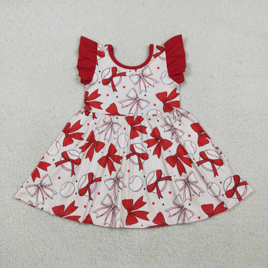 RTS NO MOQ GSD3456 Baby Girls Knee-Length Dress with Flutter Sleeves And Baseball Bows Team Outfit