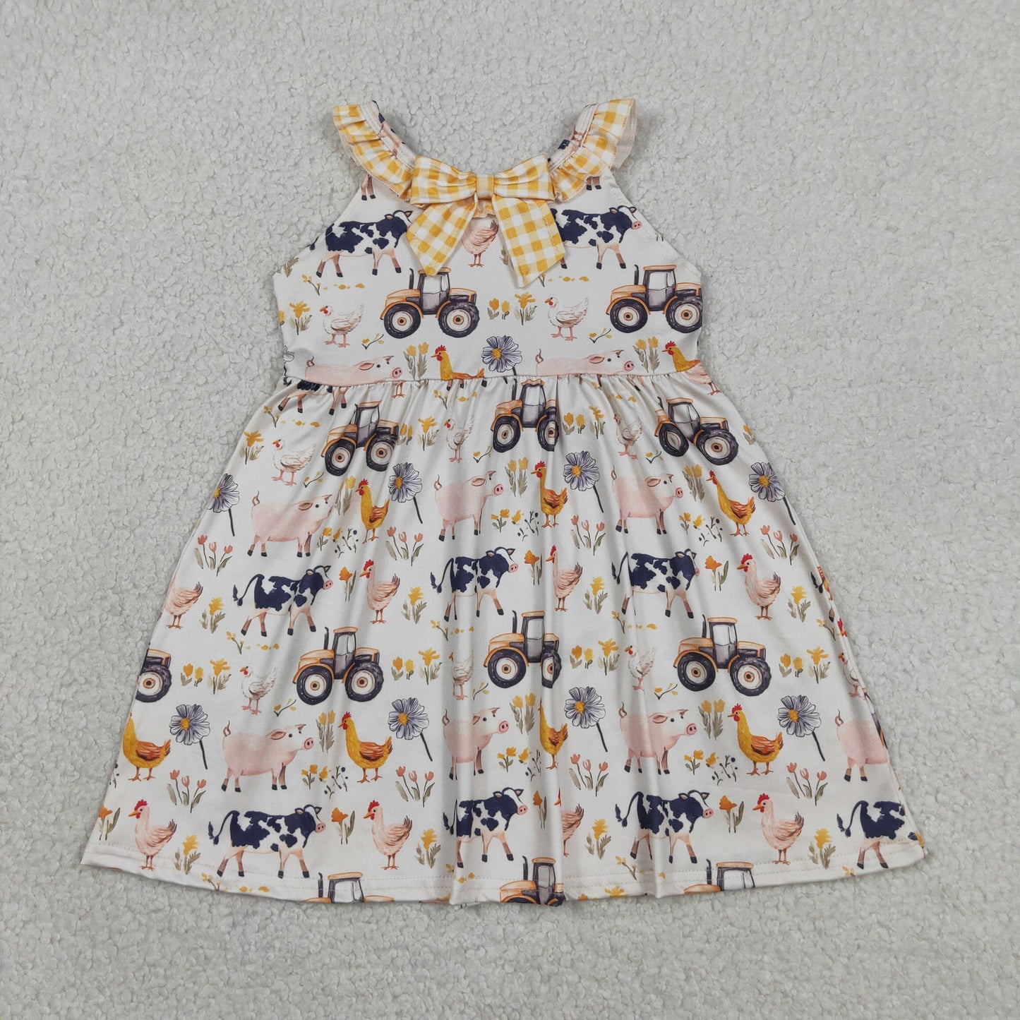 RTS NO MOQ GSD3476 milk silk Baby Girls Cute Sleeveless Cows Trucks Farm Knee Length Dresse