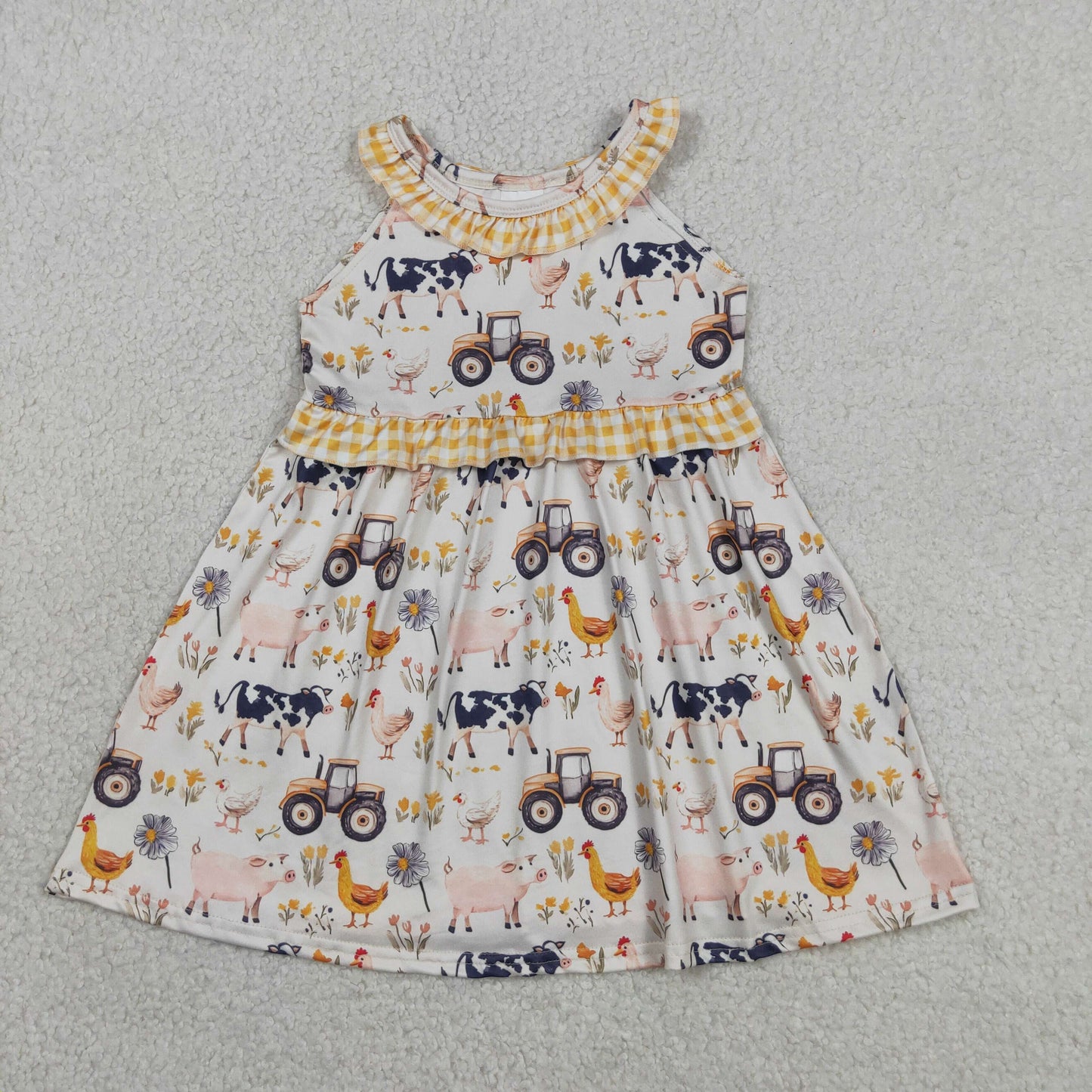 RTS NO MOQ GSD3476 milk silk Baby Girls Cute Sleeveless Cows Trucks Farm Knee Length Dresse