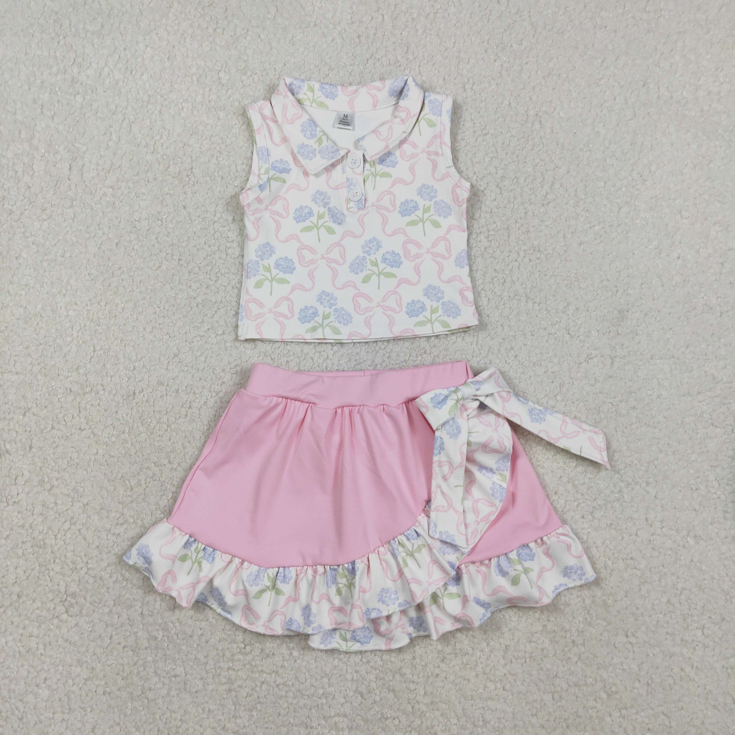 RTS NO MOQ Sibling Baby Girls Yoga Active Clothes Set Bows Flowers Button Vest Top Ruffle Skirt Shorts Outfit
