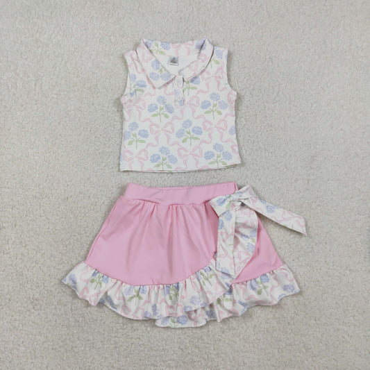 RTS NO MOQ GSD3478 Baby Girls Yoga Active Clothes Set Bows Flowers Button Vest Top Ruffle Skirt Shorts