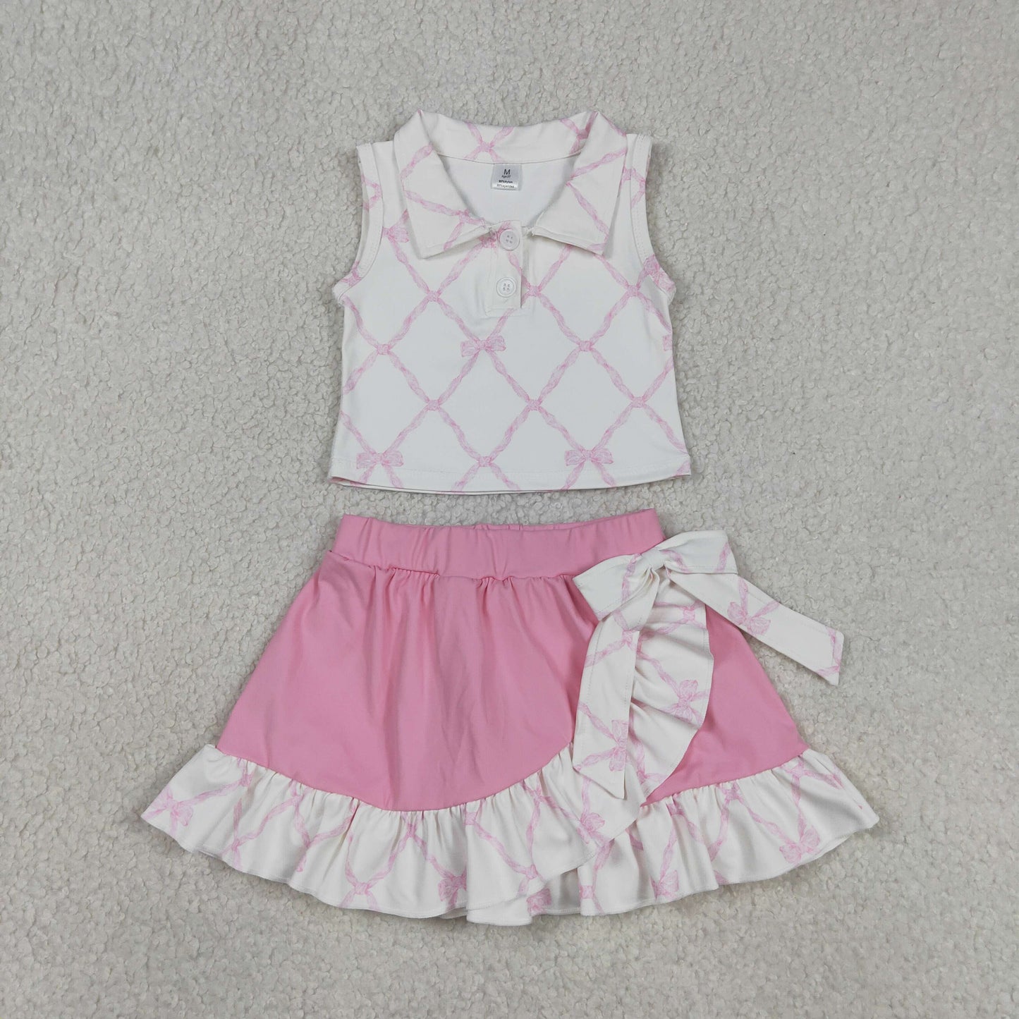 RTS NO MOQ Sibling Baby Girls Yoga Active Clothes Set Bows Flowers Button Vest Top Ruffle Skirt Shorts Outfit