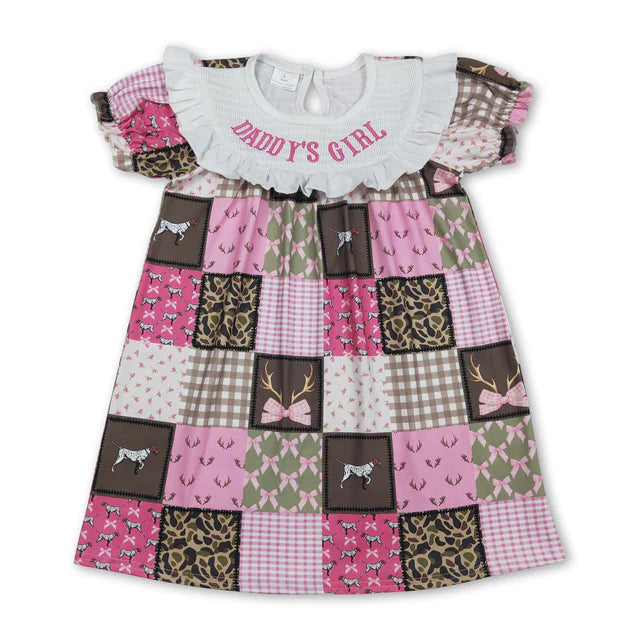 RTS NO MOQ Sibling milk silk Smocked Bows Flower Checked Knee Length Dress