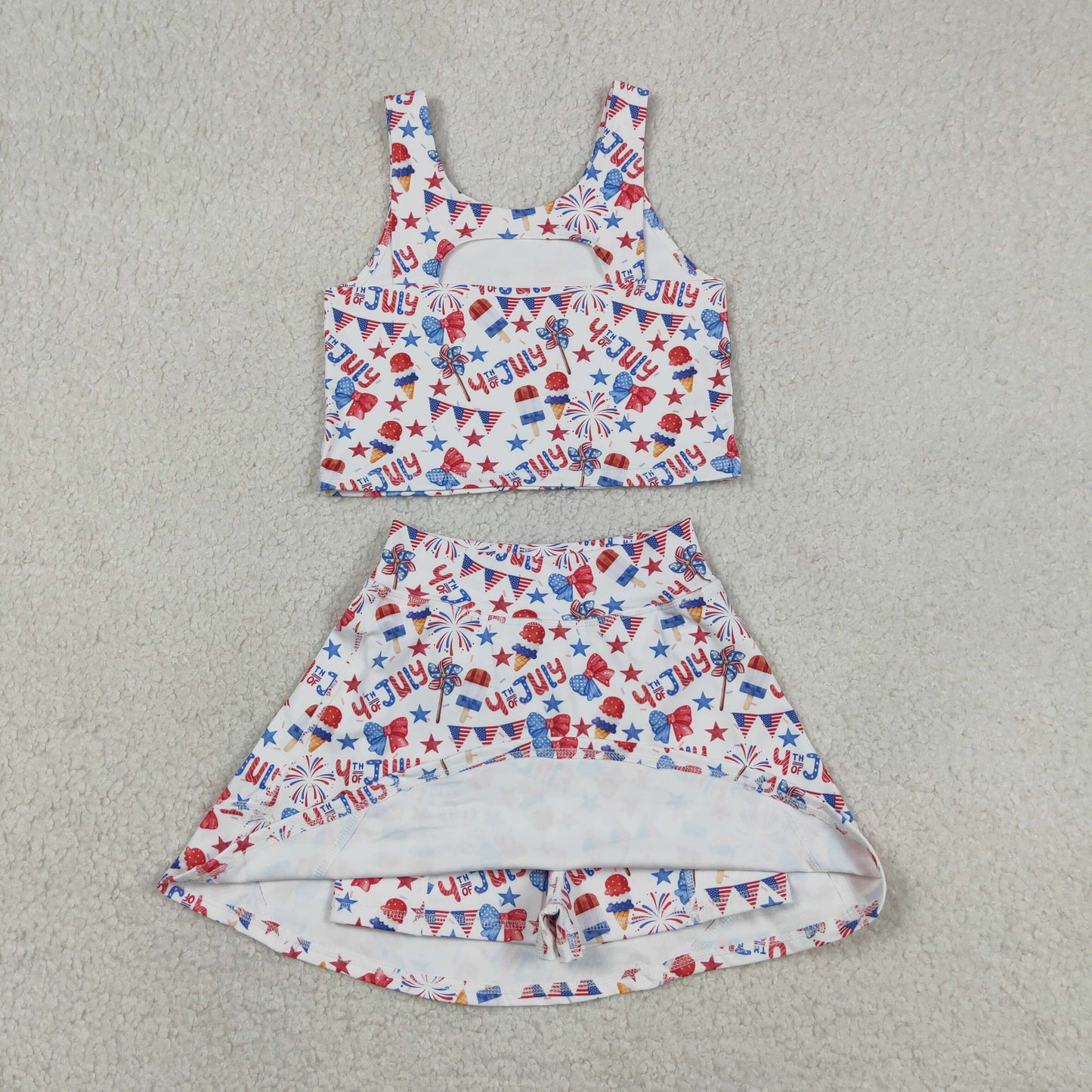RTS NO MOQ GSD3498 yoga fabric Baby Girls 4th of July Popsicle Star Bow Active Clothes Set