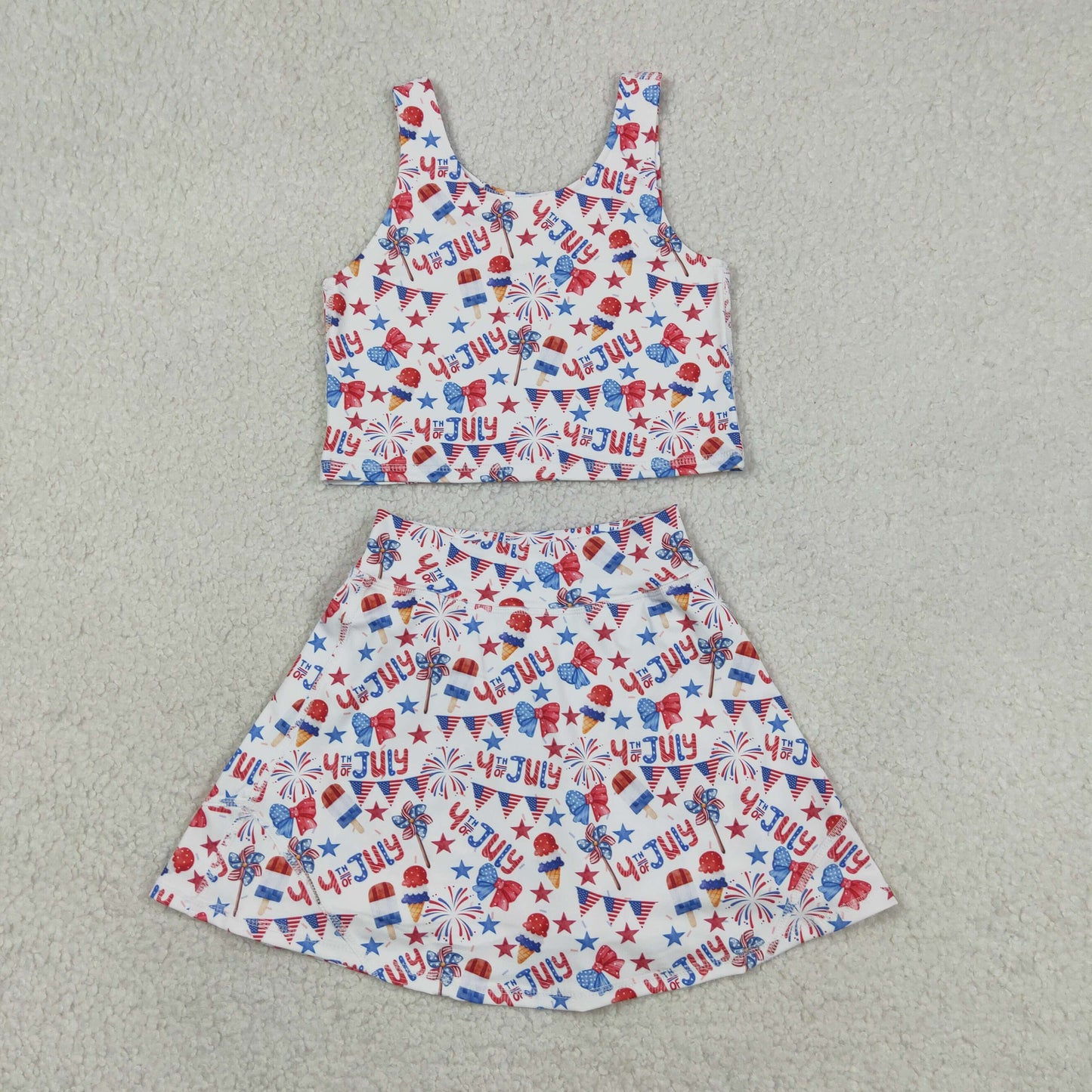 RTS NO MOQ GSD3498 yoga fabric Baby Girls 4th of July Popsicle Star Bow Active Clothes Set