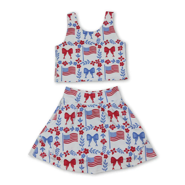 RTS NO MOQ Sibling yoga fabric Baby Girls Sleeveless Colorful Flowers Vest Skirt Shorts Yoga Active Clothes Sets