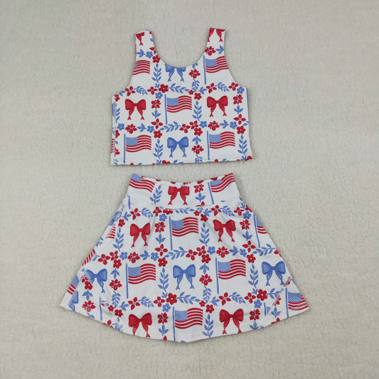 RTS NO MOQ GSD3499 Baby Girls 4th of July Yoga Active Clothes Sets Flower Flags Vest Skirt Short for Girls