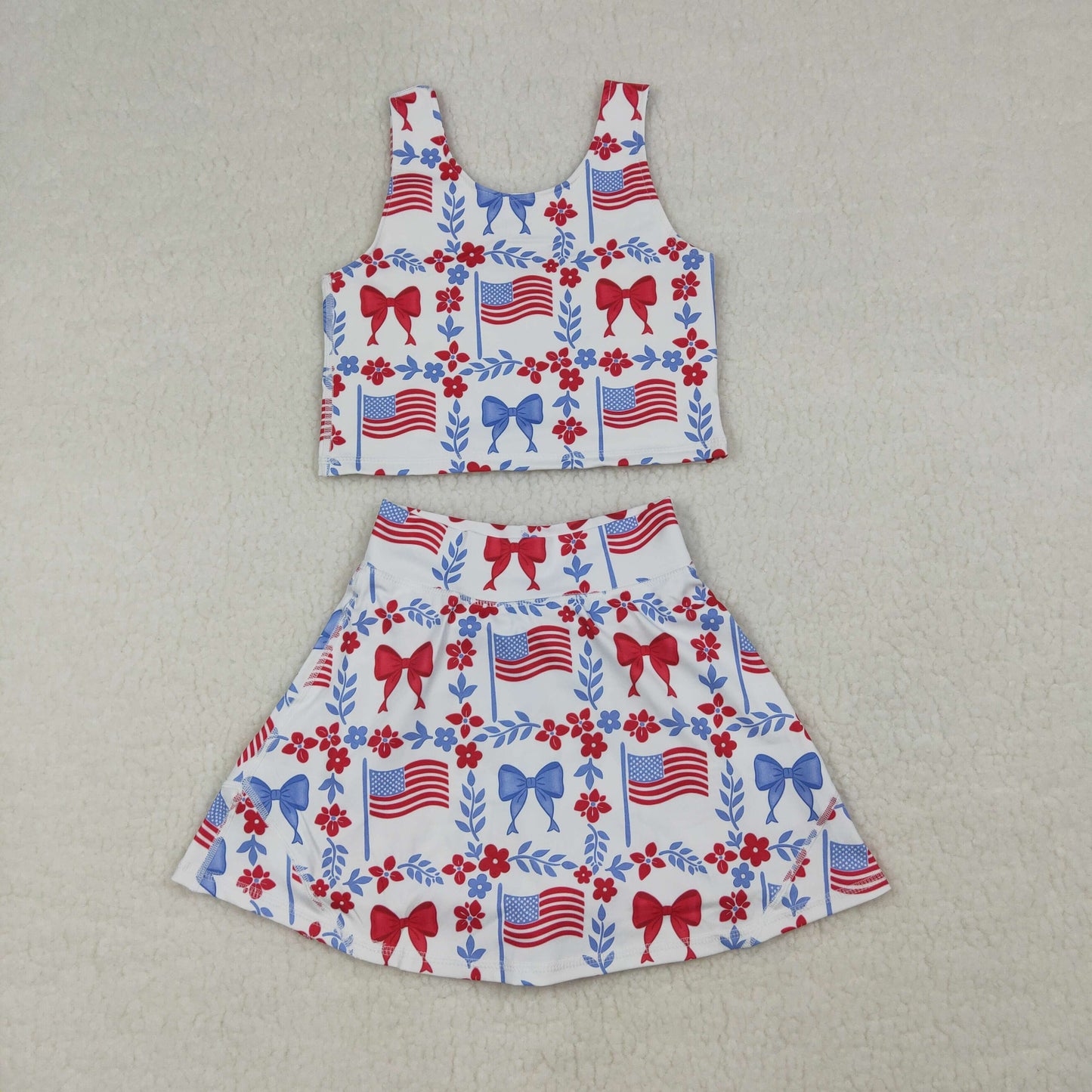 RTS NO MOQ Sibling Baby Girls 4th of July Clothes Set Flag Flower Bows Checked Yoga Knee-Length Dress Top Short for Kids