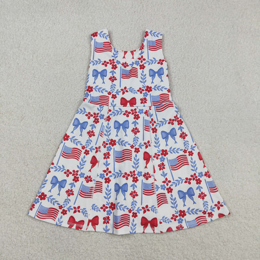 RTS NO MOQ GSD3500  Baby Girls 4th of July Yoga Active Shorts Knee Length Dress with Flower Flags Pattern