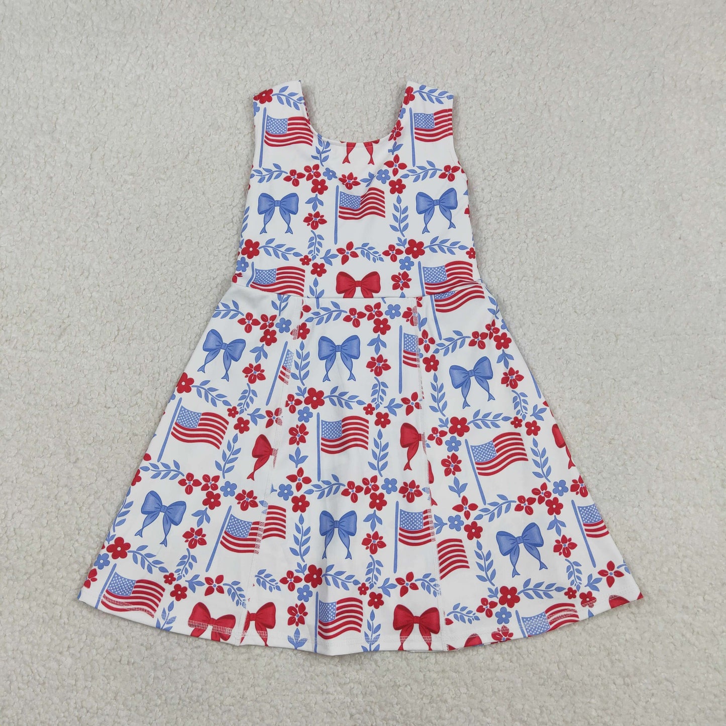 RTS NO MOQ Sibling Baby Girls 4th of July Red Blue Flowers Top Pockets Short Sets Yoga Active Shorts Knee Length Dress