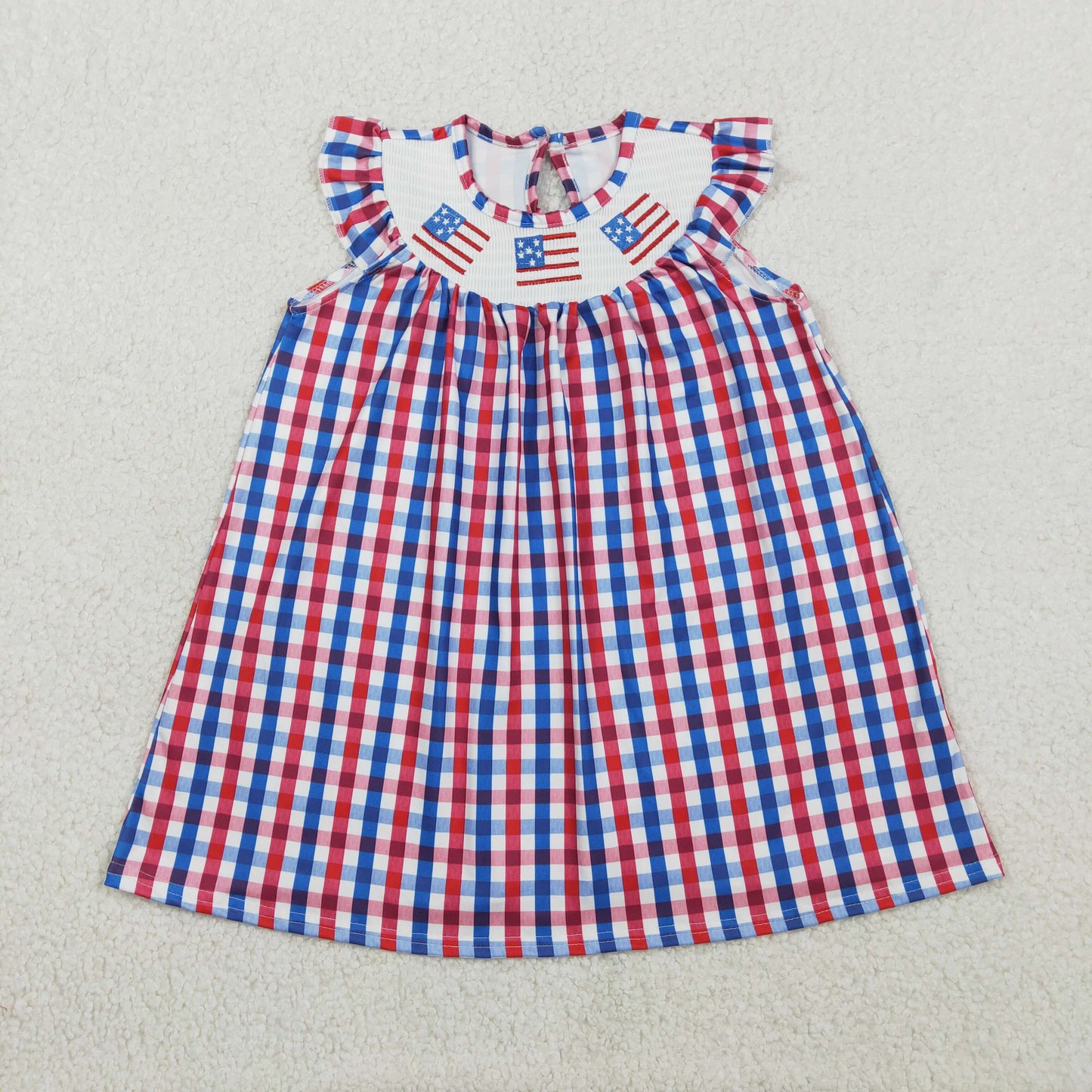 RTS NO MOQ GSD3506 Baby Girls Knee-Length Smocked Dress Red Blue Checked 4th of July Flags Patterned Clothing for Infants