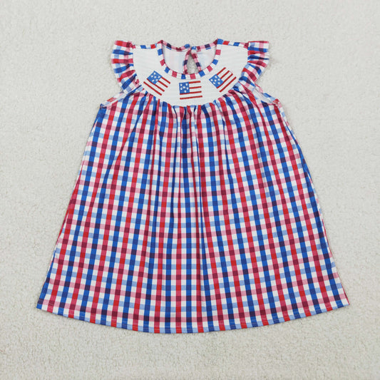 RTS NO MOQ GSD3506 Baby Girls Knee-Length Smocked Dress Red Blue Checked 4th of July Flags Patterned Clothing for Infants