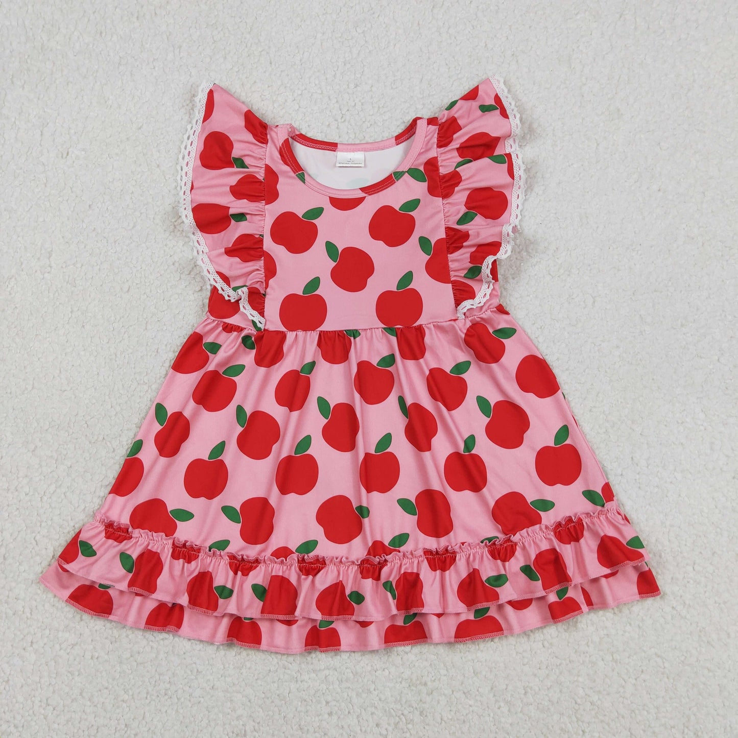 RTS NO MOQ GSD3510 milk silk Baby Girls Cute Flutter Sleeve Apples Back to School Knee Dress（2T-14-16T）