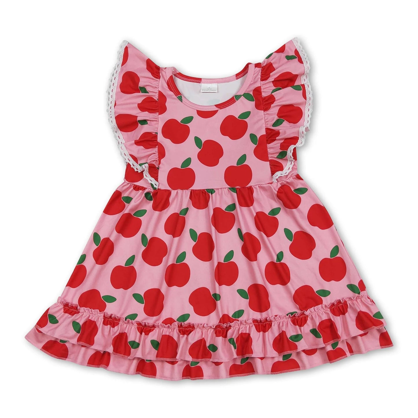 RTS NO MOQ Sibling milk silk Baby Girls Apple Bow Back To School Flutter Sleeve Knee Length Dress
