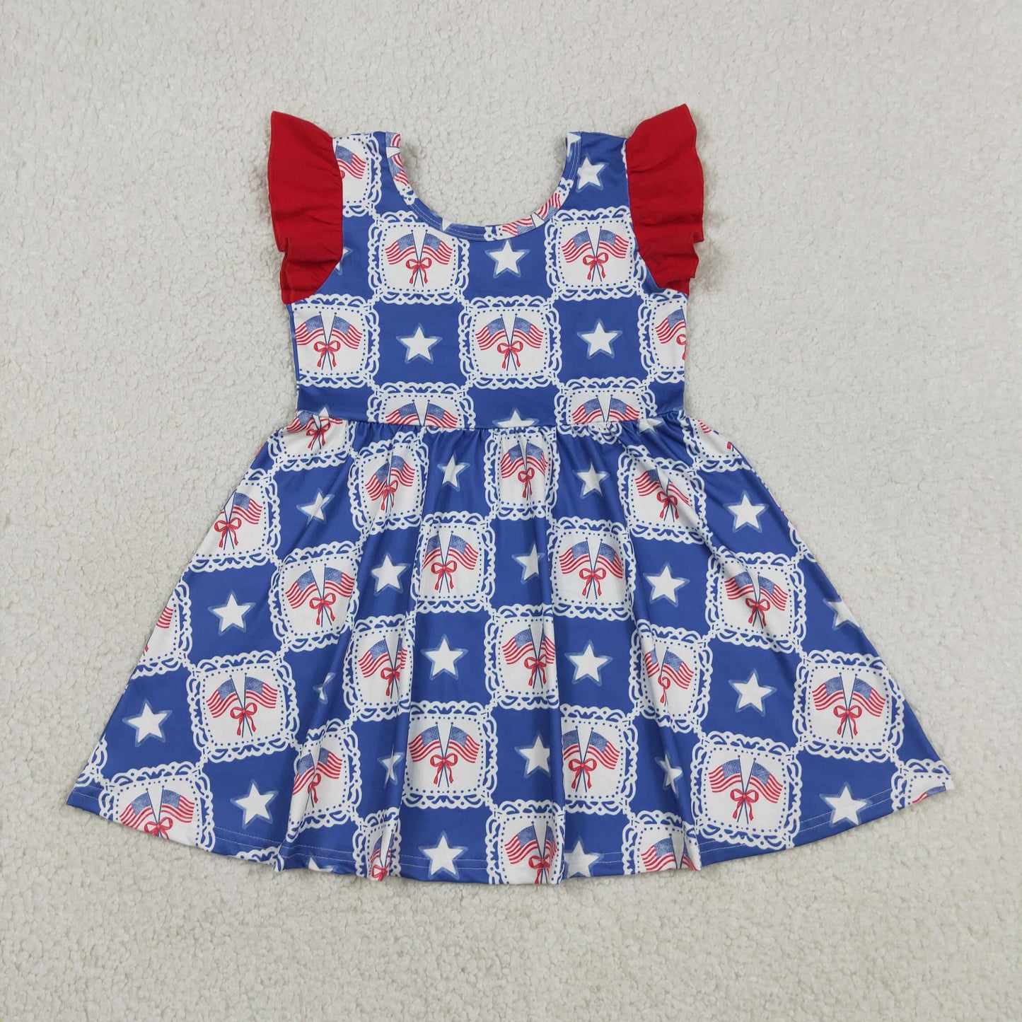 RTS NO MOQ Sibling milk silk Baby Girls 4th of July Bows Flags Stars Checked Dress Jumpsuits