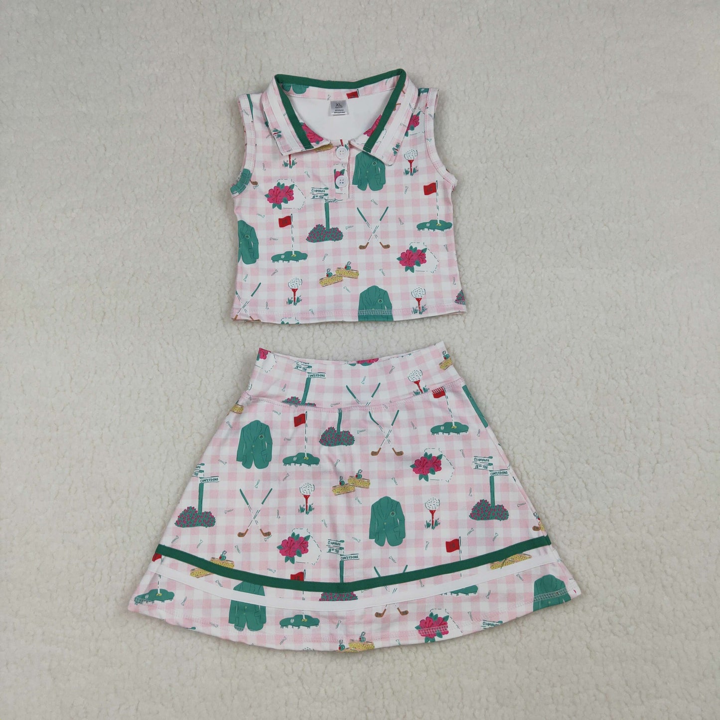 RTS NO MOQ GSD3520 Baby Girls Pink Checked Golf Active Outfit with Button Top And Skirt Short Set