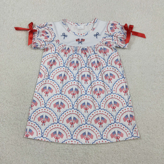 RTS NO MOQ GSD3525 Baby Girls' Checked Knee-Length Dress Embroidered Bows Flags 4th of July Outfit for Toddlers