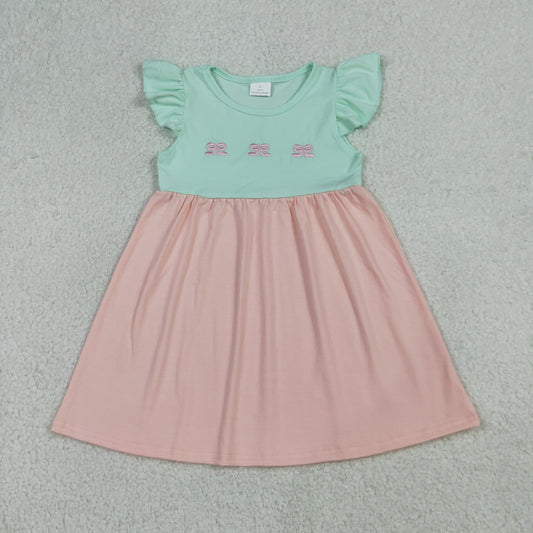 RTS NO MOQ GSD3530 Embroidery Baby Girls Bows Flutter Sleeve Patchwork Knee Length Dress