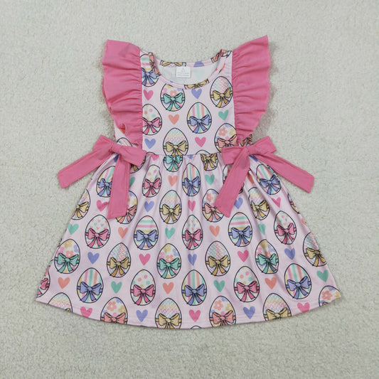 RTS NO MOQ GSD3537 Baby Girls Easter Knee-Length Dress with Flutter Sleeves Colorful Heart Eggs Design for Spring Fashionable Kids' Clothing