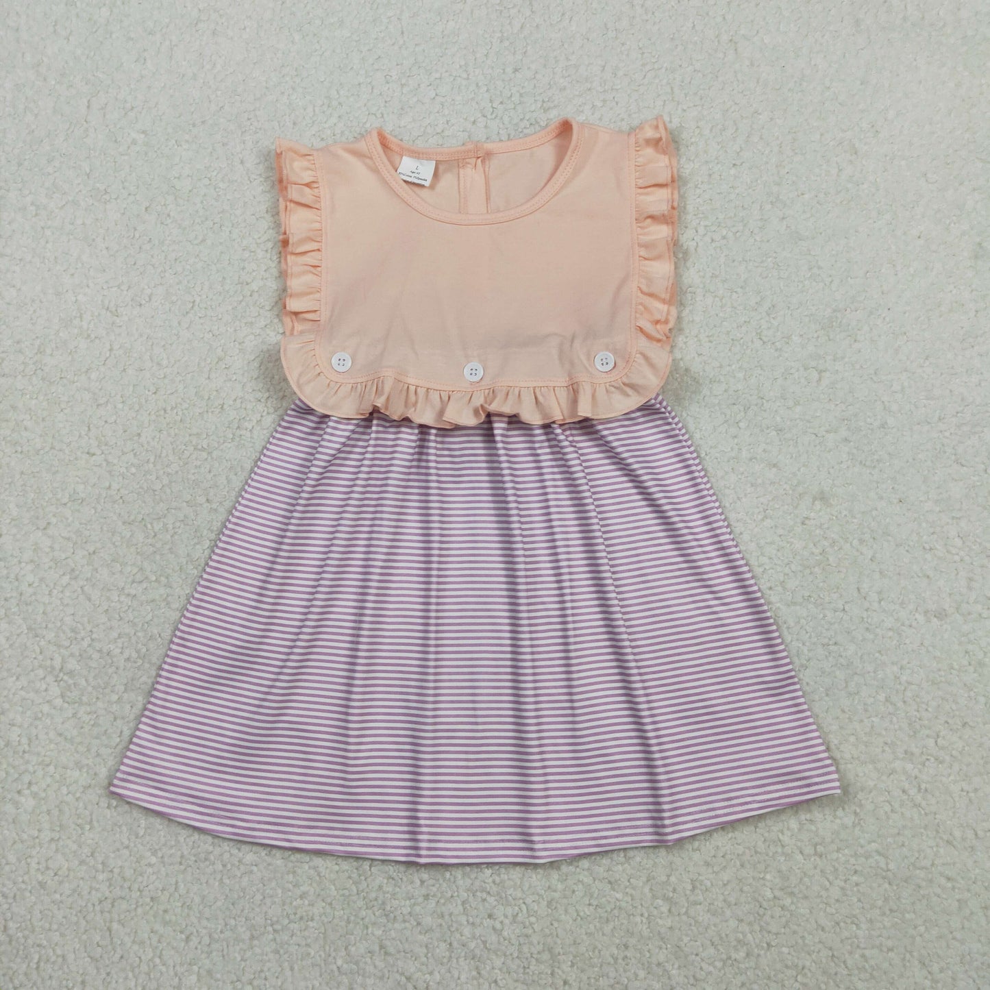 RTS NO MOQ Sibling Baby Girls Peach Lavender Stripe Sleeveless Button Dress Back Button Ruffle Rompers