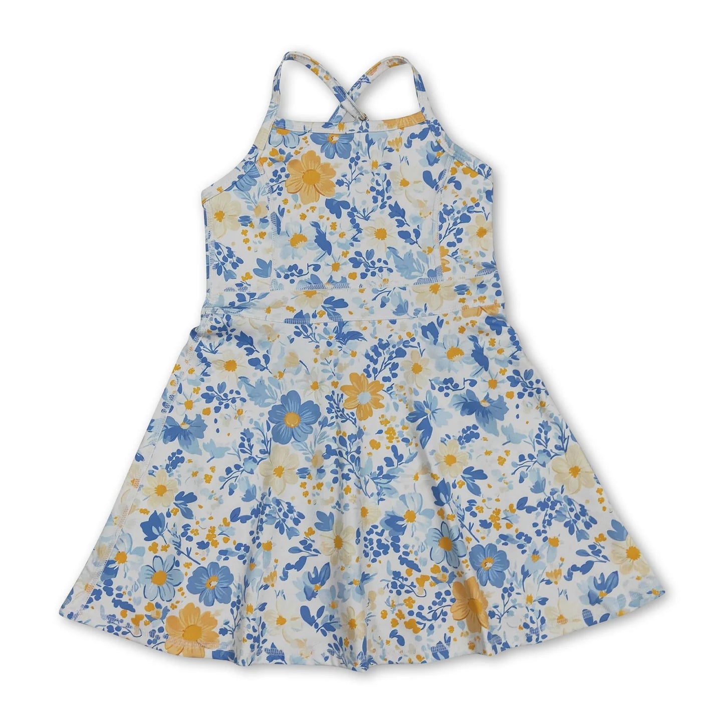 RTS NO MOQ Sibling yoga fabric Baby Girls Colorful Flowers Sleeveless Strap Ruffle Yoga Dresses