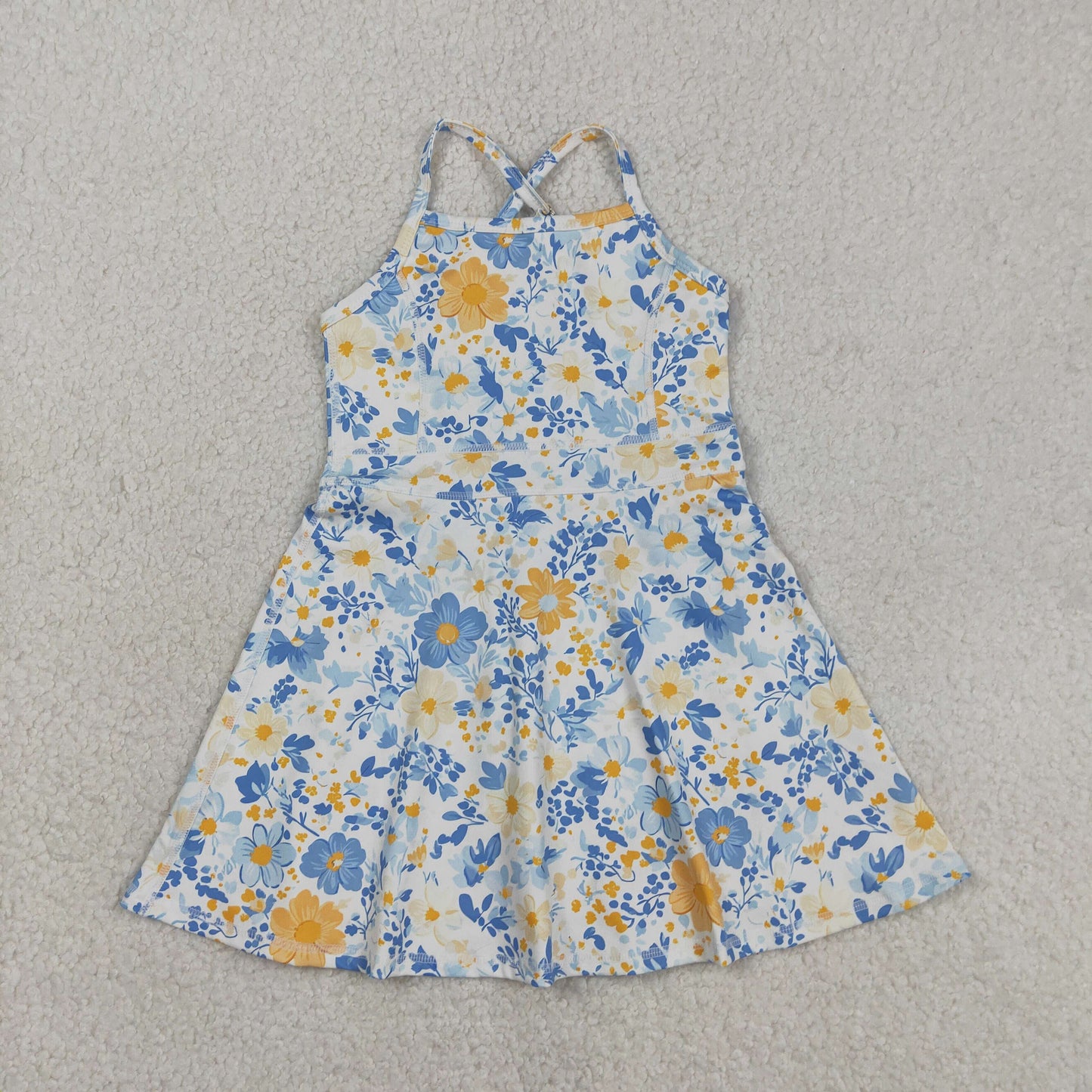 RTS NO MOQ GSD3565 Baby Girls Colorful Flowers Strap Yoga Shorts Ruffle Knee-Length Dress