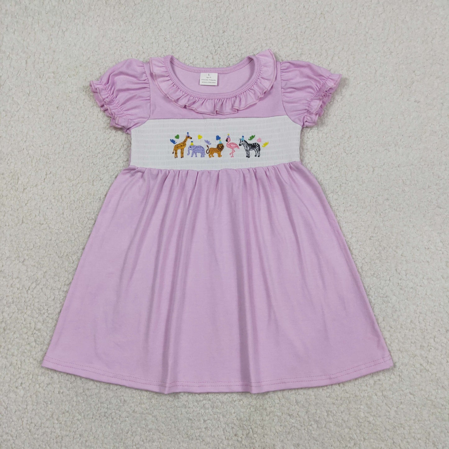 RTS NO MOQ milk silk GSD3578 Baby Girls Smocked Animals Pink Ruffle Sleeve Knee Length Dresses （12-18M-14-16T）
