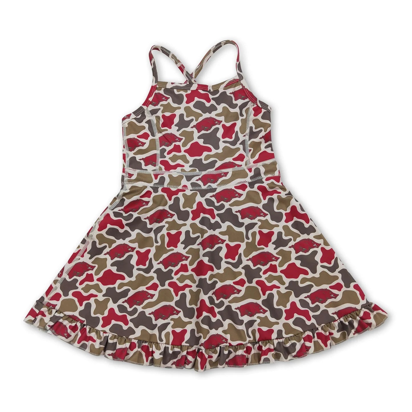 RTS NO MOQ Sibling yoga fabric Baby Girls Summer Camo Strap Ruffle Hem Active Knee Dresses