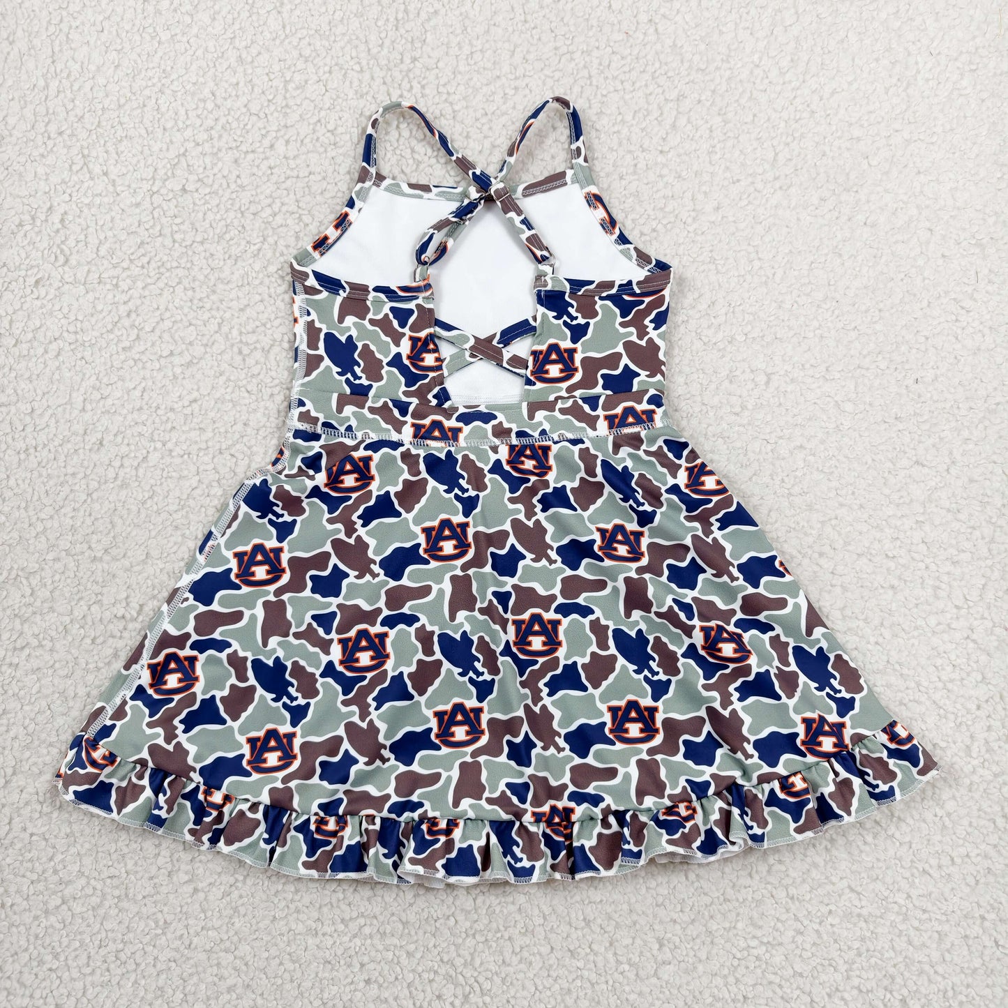 RTS NO MOQ yoga fabric GSD3588 Baby Girls Camouflage Strap Ruffle Hem Knee Length Team Yoga Dresses