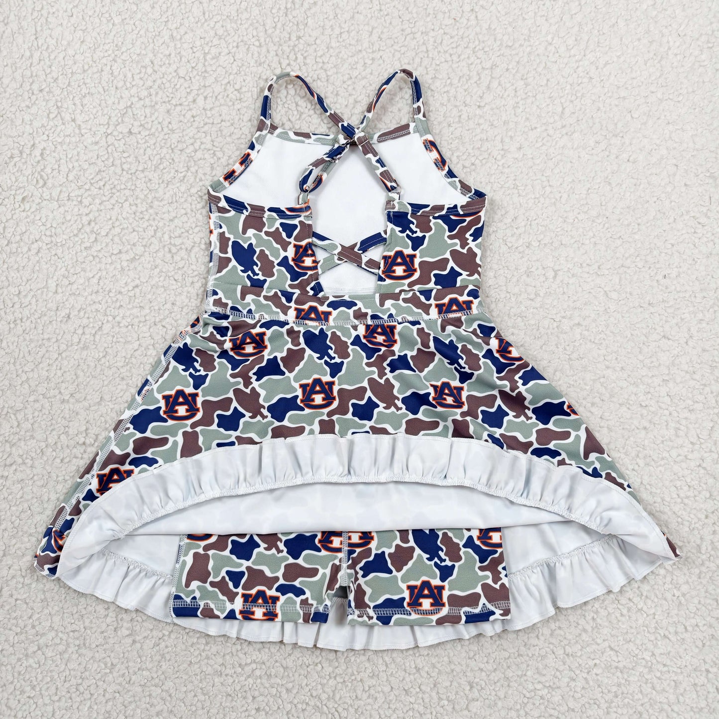 RTS NO MOQ yoga fabric GSD3588 Baby Girls Camouflage Strap Ruffle Hem Knee Length Team Yoga Dresses