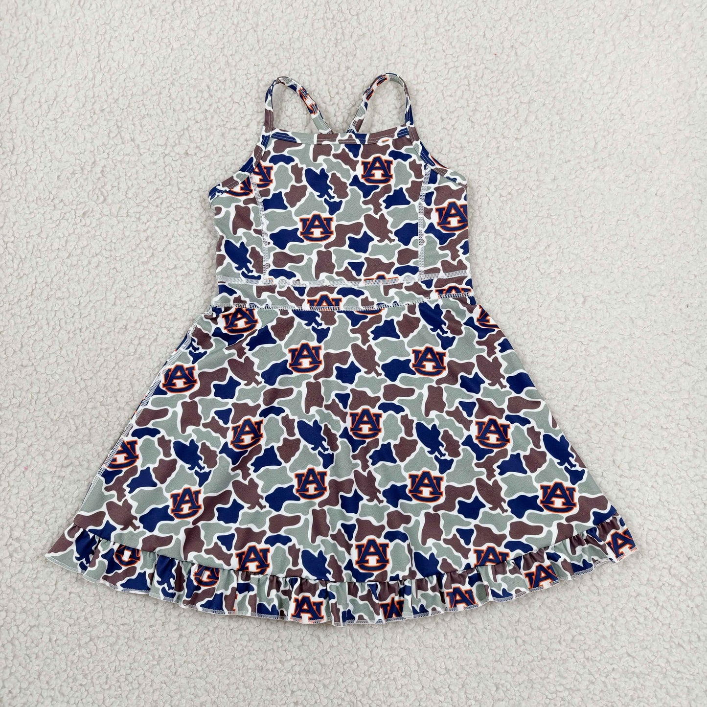 RTS NO MOQ yoga fabric GSD3588 Baby Girls Camouflage Strap Ruffle Hem Knee Length Team Yoga Dresses