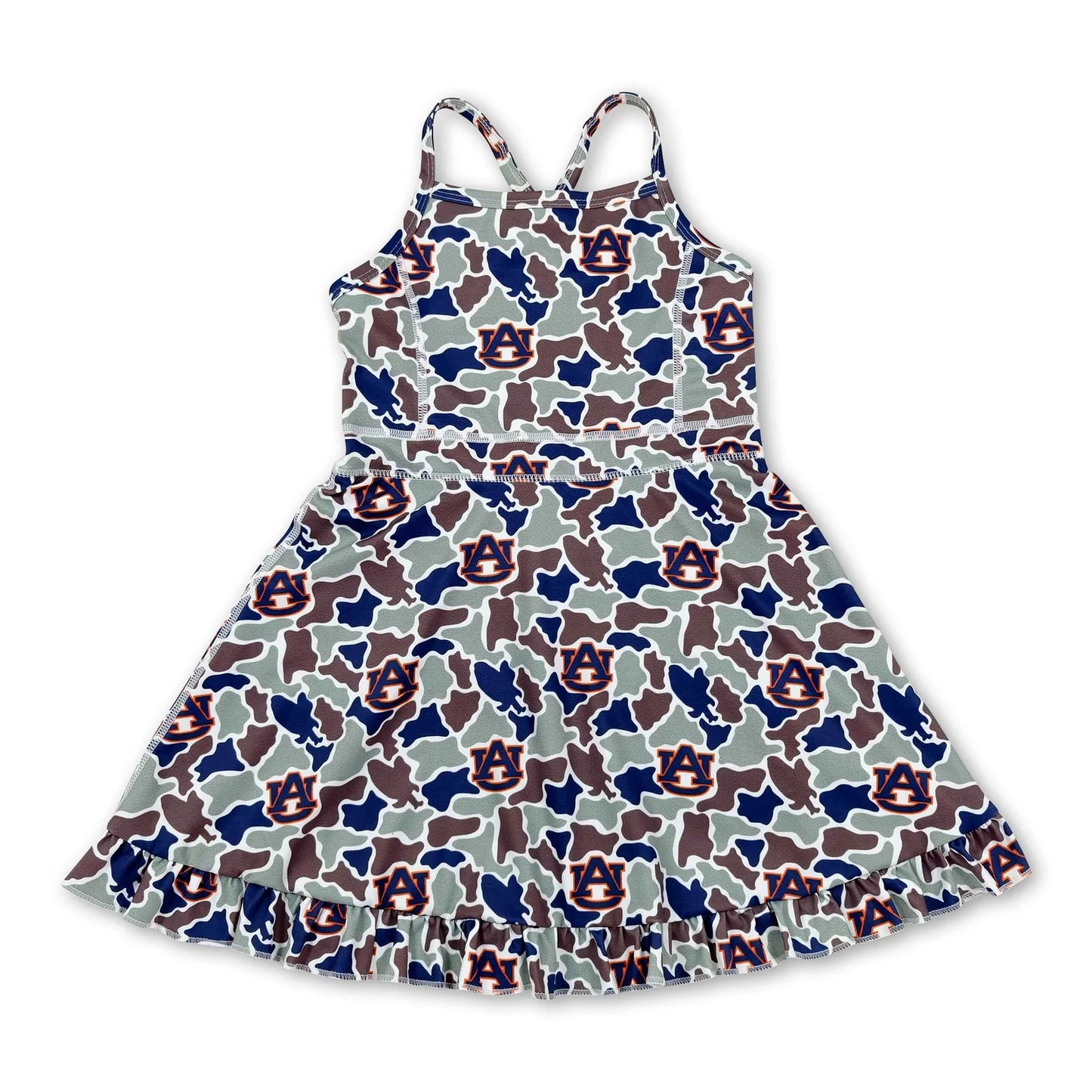 RTS NO MOQ Sibling yoga fabric Baby Girls Strap Camo Team Print Ruffle Knee Length Yoga Active Dress