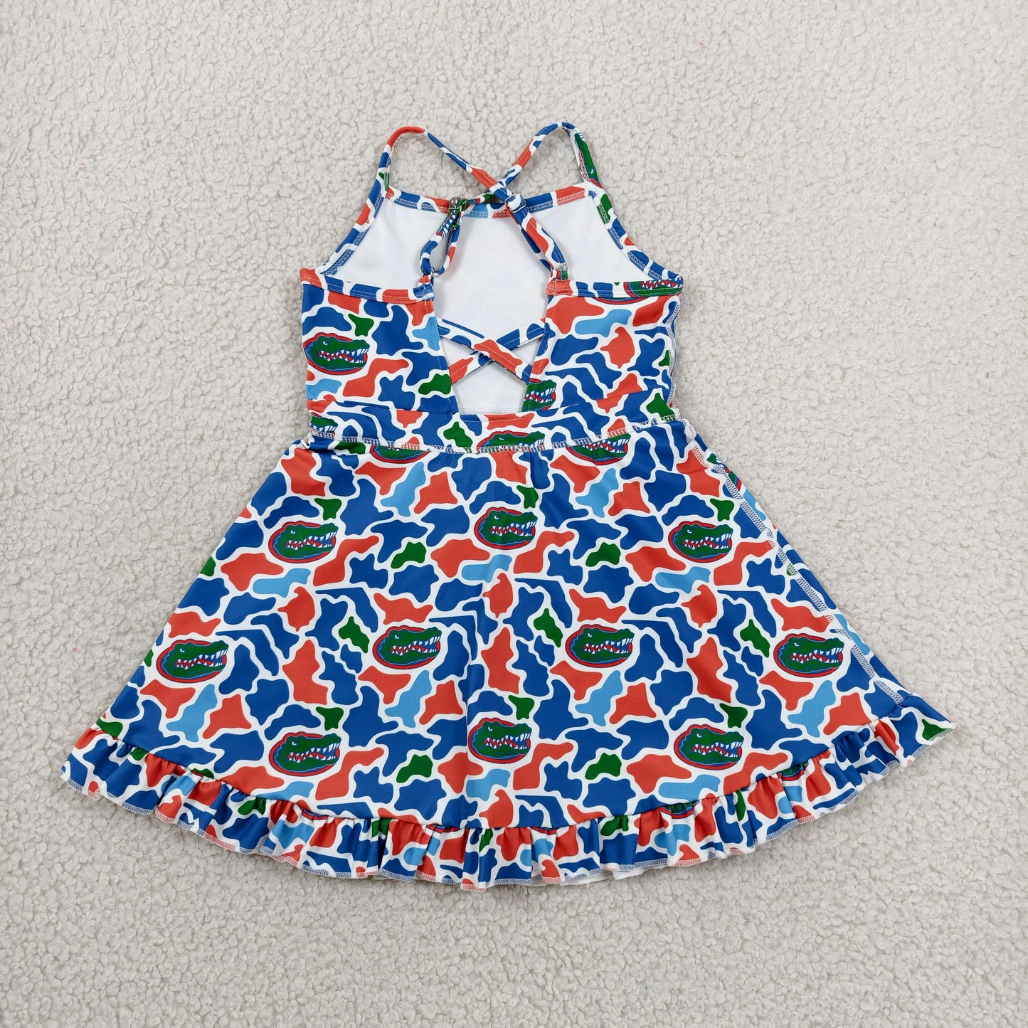RTS NO MOQ yoga fabric GSD3589  Baby Girls Camo Strap Ruffle Knee Length Short Dress Summer Outfit