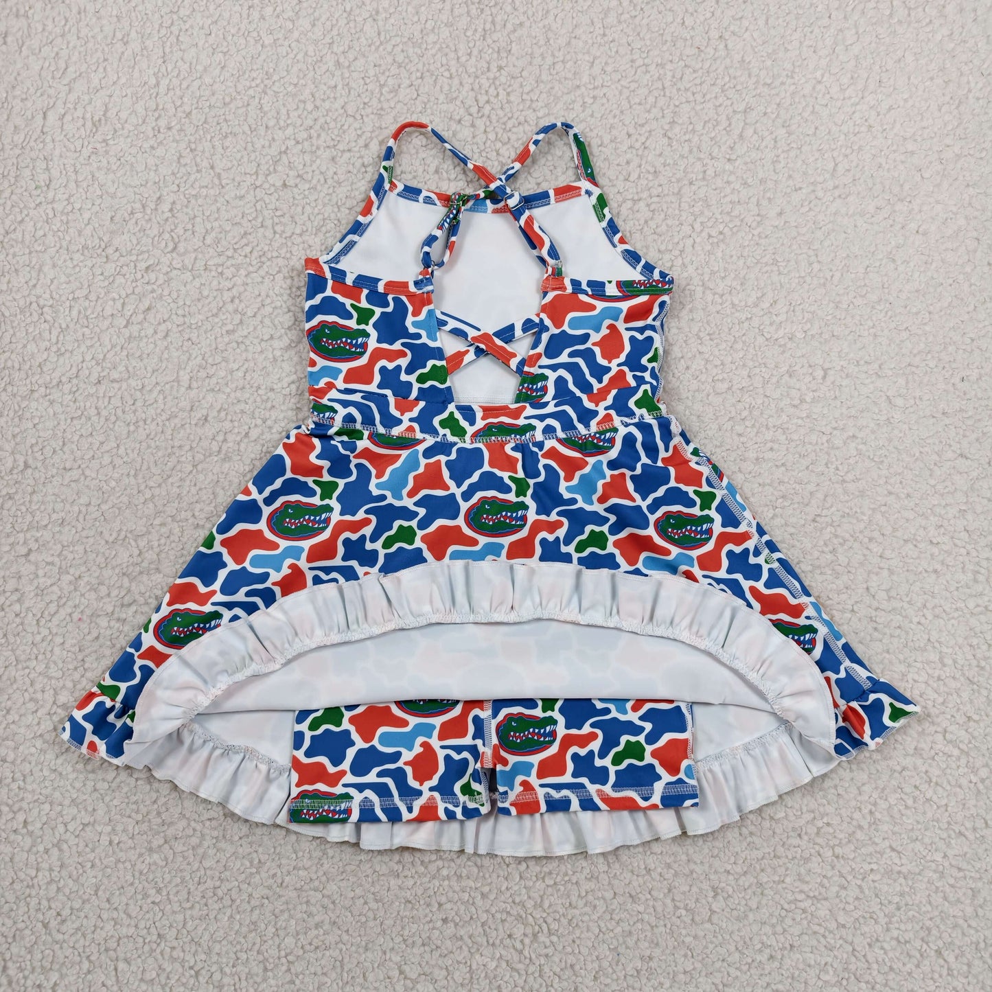 RTS NO MOQ yoga fabric GSD3589  Baby Girls Camo Strap Ruffle Knee Length Short Dress Summer Outfit