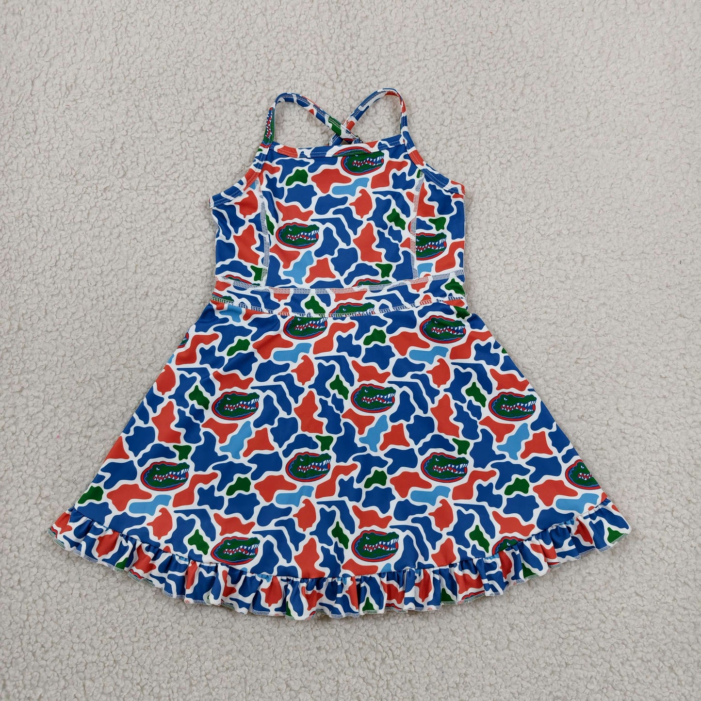 RTS NO MOQ yoga fabric GSD3589  Baby Girls Camo Strap Ruffle Knee Length Short Dress Summer Outfit