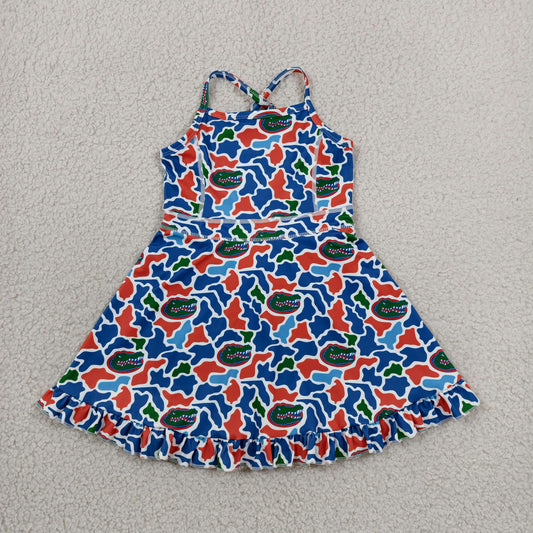 RTS NO MOQ yoga fabric GSD3589  Baby Girls Camo Strap Ruffle Knee Length Short Dress Summer Outfit