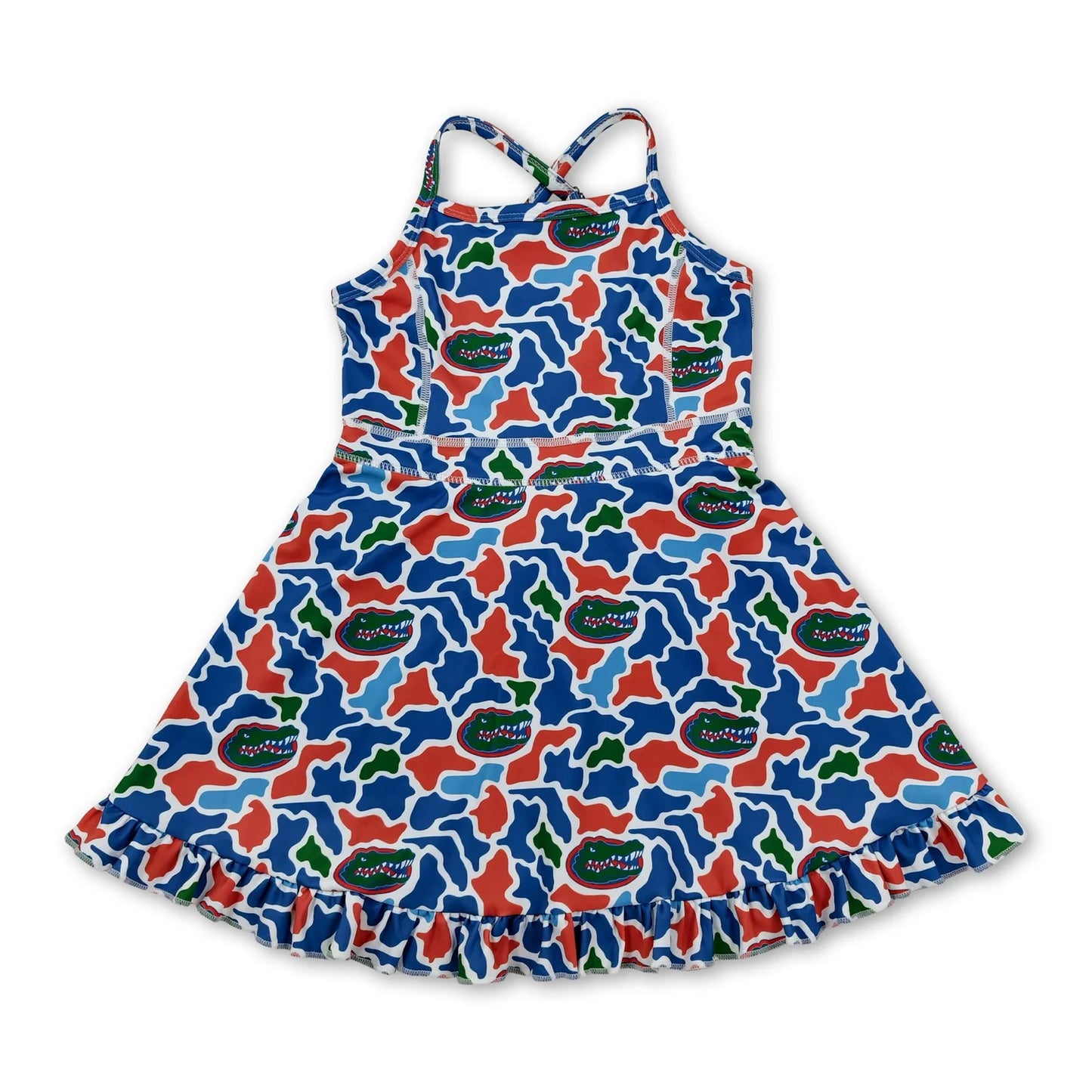 RTS NO MOQ Sibling yoga fabric Baby Girls Strap Camo Team Print Ruffle Knee Length Yoga Active Dress
