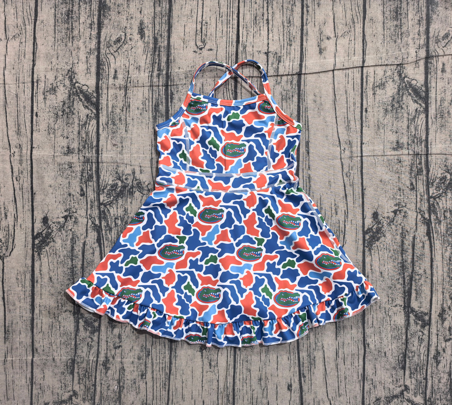 (Pre Order) No moq GSD3589  Baby Girls Camo Printed Strap Ruffle Knee Length Short Dress