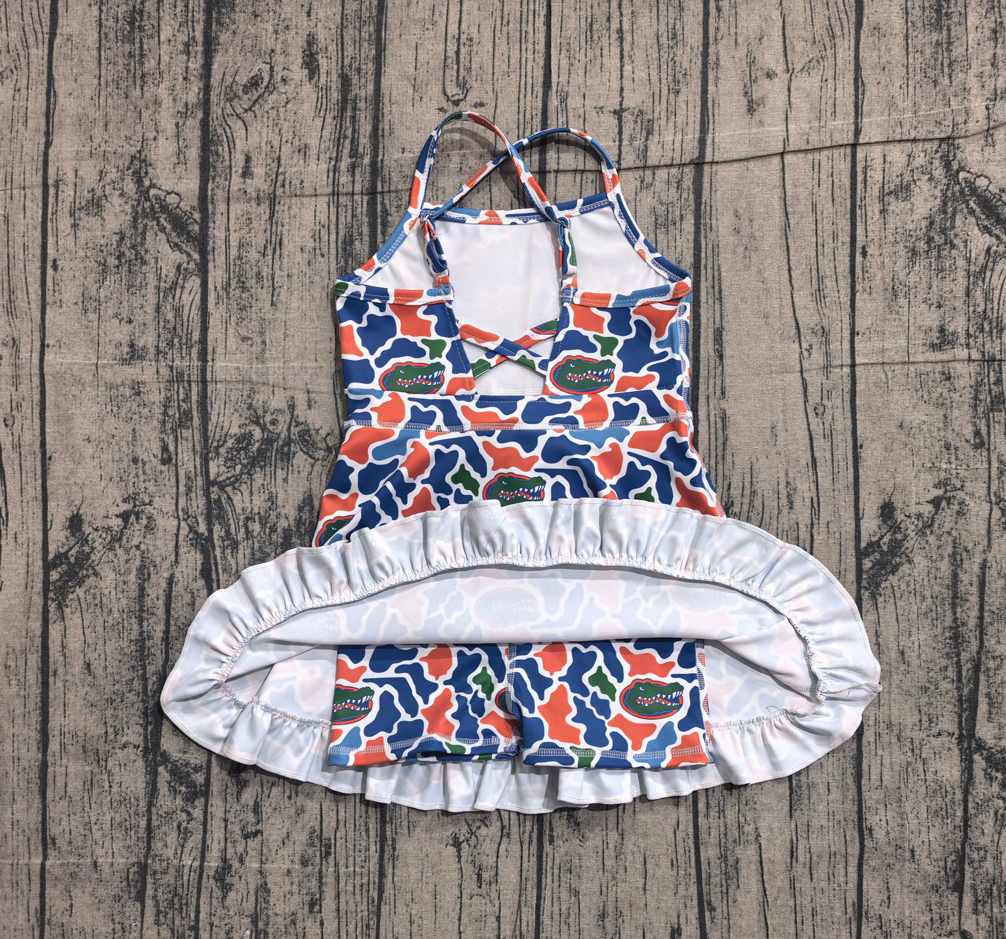 (Pre Order) No moq GSD3589  Baby Girls Camo Printed Strap Ruffle Knee Length Short Dress