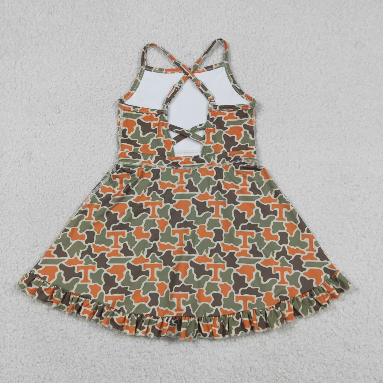 RTS NO MOQ yoga fabric GSD3590 Baby Girls Camo Strap Team Style Yoga Dress Ruffle Hem Knee Length Casual Active Wear