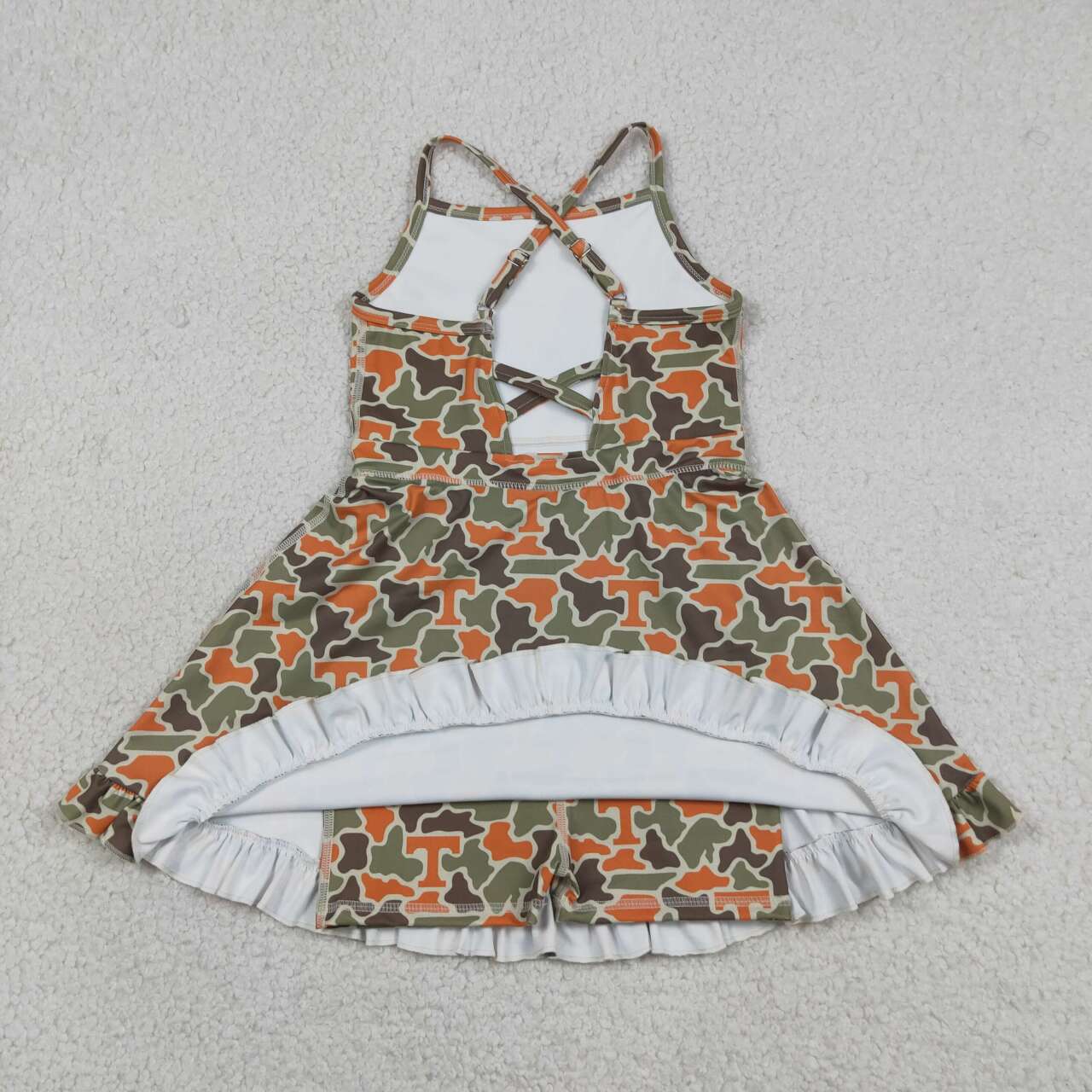 RTS NO MOQ yoga fabric GSD3590 Baby Girls Camo Strap Team Style Yoga Dress Ruffle Hem Knee Length Casual Active Wear