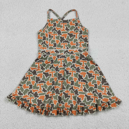 RTS NO MOQ yoga fabric GSD3590 Baby Girls Camo Strap Team Style Yoga Dress Ruffle Hem Knee Length Casual Active Wear