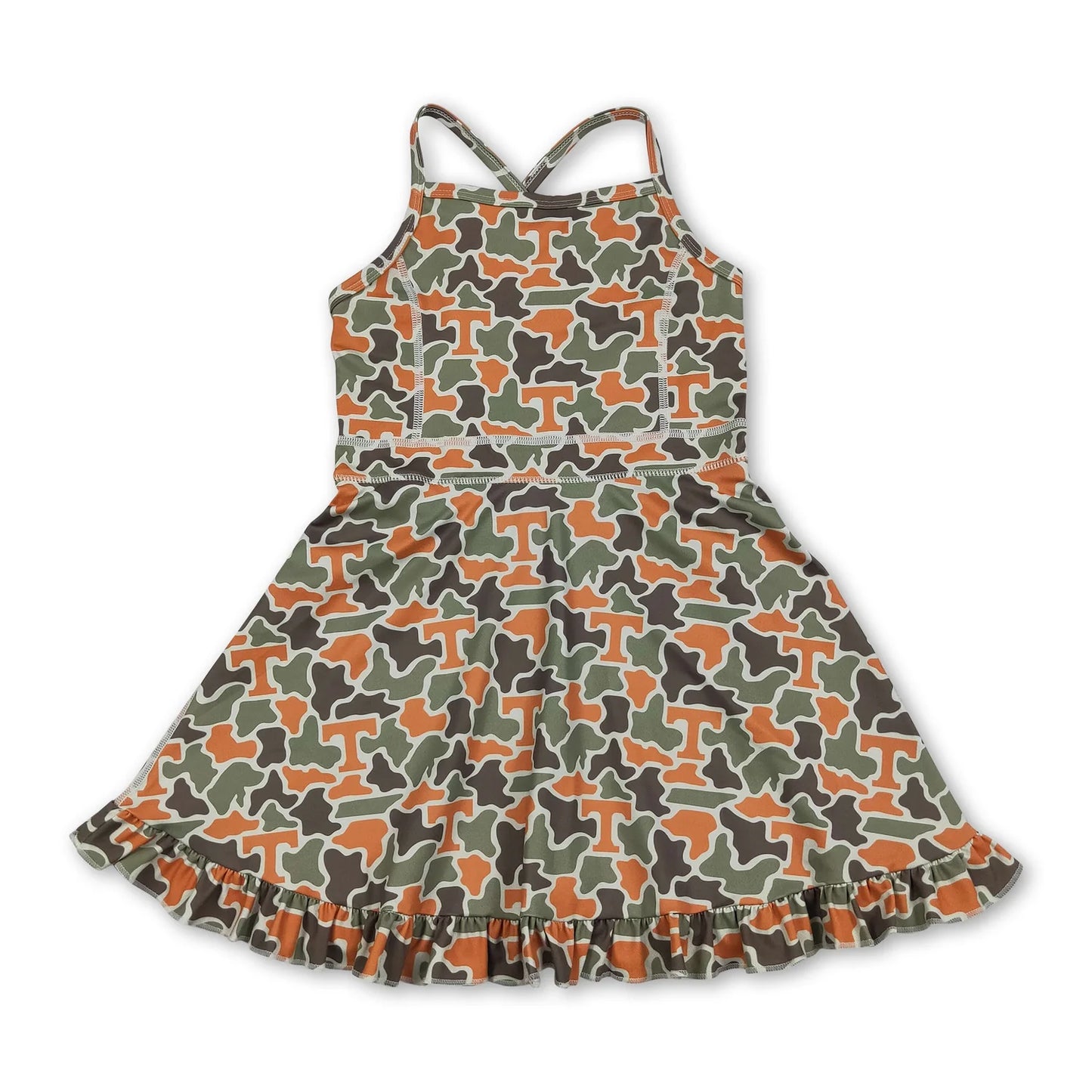 RTS NO MOQ Sibling yoga fabric Baby Girls Summer Camo Strap Ruffle Hem Active Knee Dresses