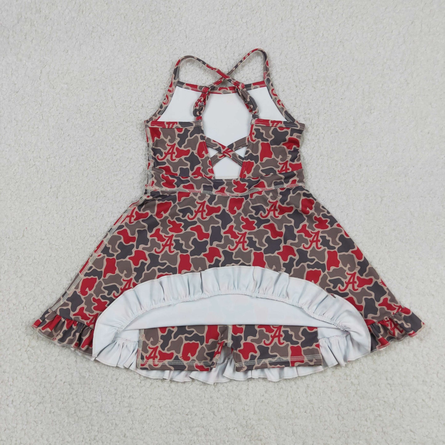 RTS NO MOQ yoga fabric GSD3592 Baby Girls Strap Camo Team Sport Style Ruffle Knee Length Dresses