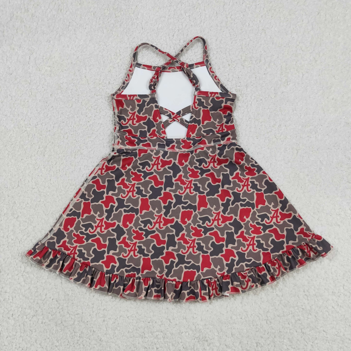 RTS NO MOQ yoga fabric GSD3592 Baby Girls Strap Camo Team Sport Style Ruffle Knee Length Dresses