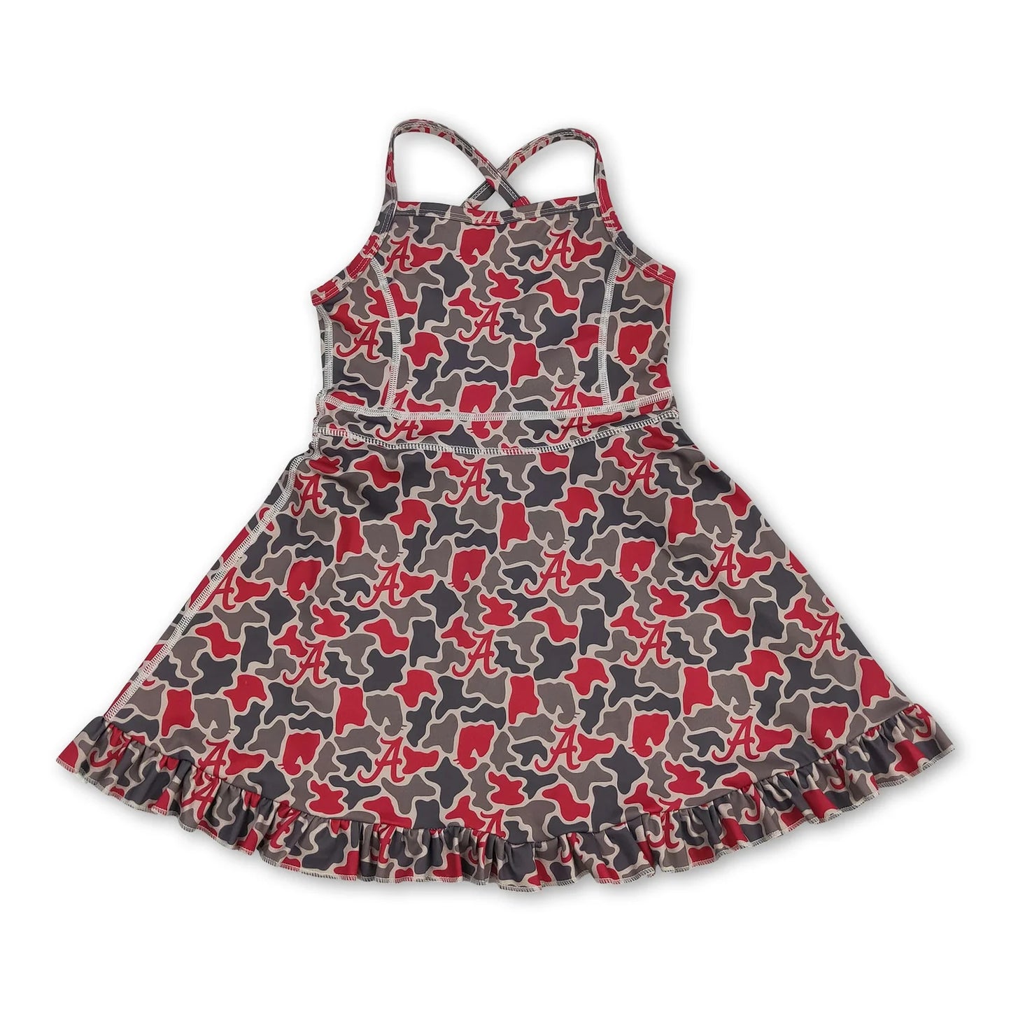 RTS NO MOQ Sibling milk silk Baby Girls And Boys Camo Team Short Sleeve Button Polo Top Ruffle Hem Knee Length Dress